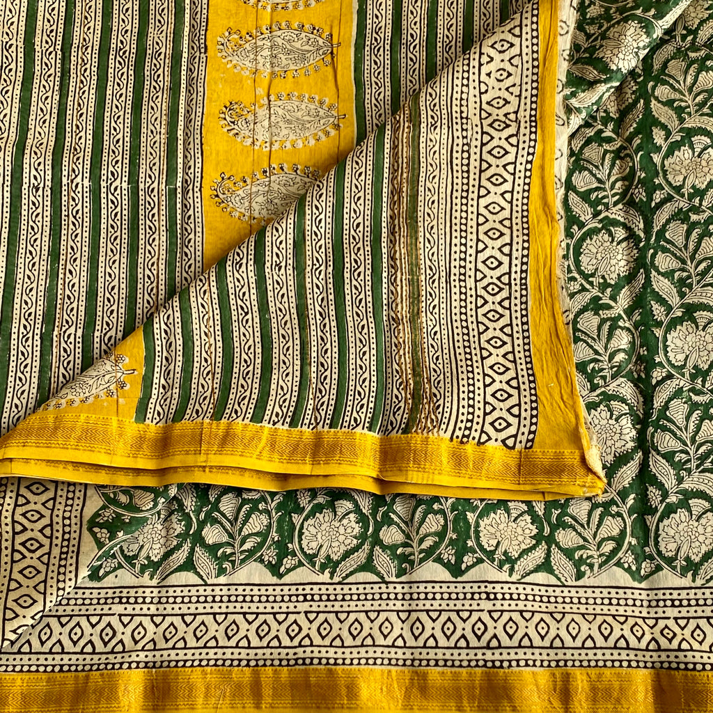 Forest Green Soft Tussar Silk Saree With Mustard Yellow Pallu Gold Border
