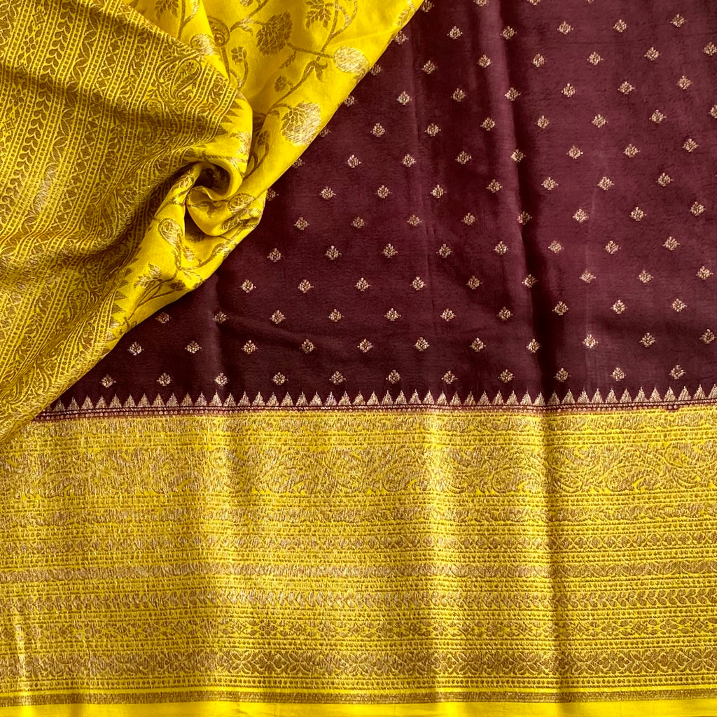 Deep Maroon & Mustard Yellow Banarasi Crepe Silk Saree With Zari Buttas