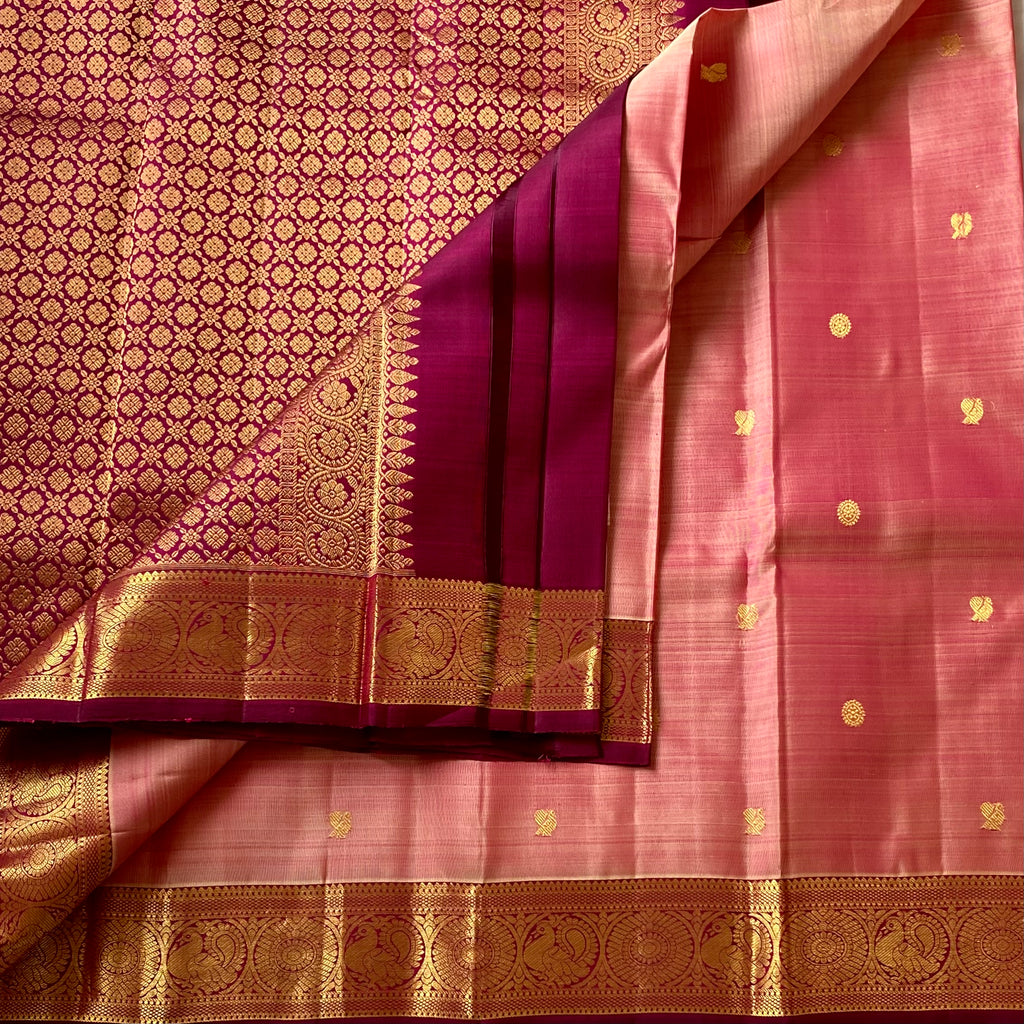 Peach Pink Saree with Deep Maroon Pallu and Gold Brocade