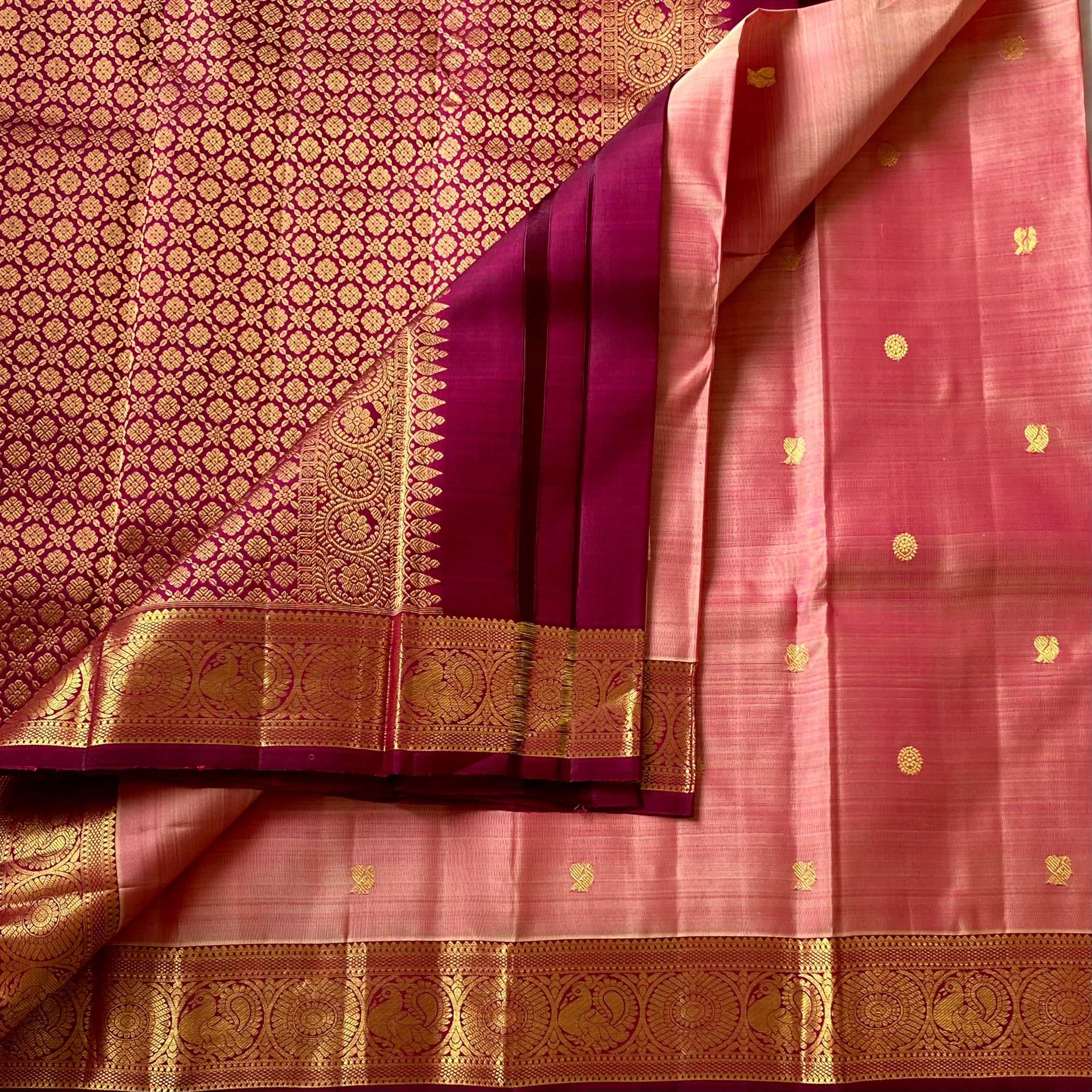 Peach Pink Saree with Deep Maroon Pallu and Gold Brocade
