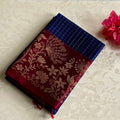 Magenta Gold Brocade Silk Saree With Cobalt Blue Checked Body