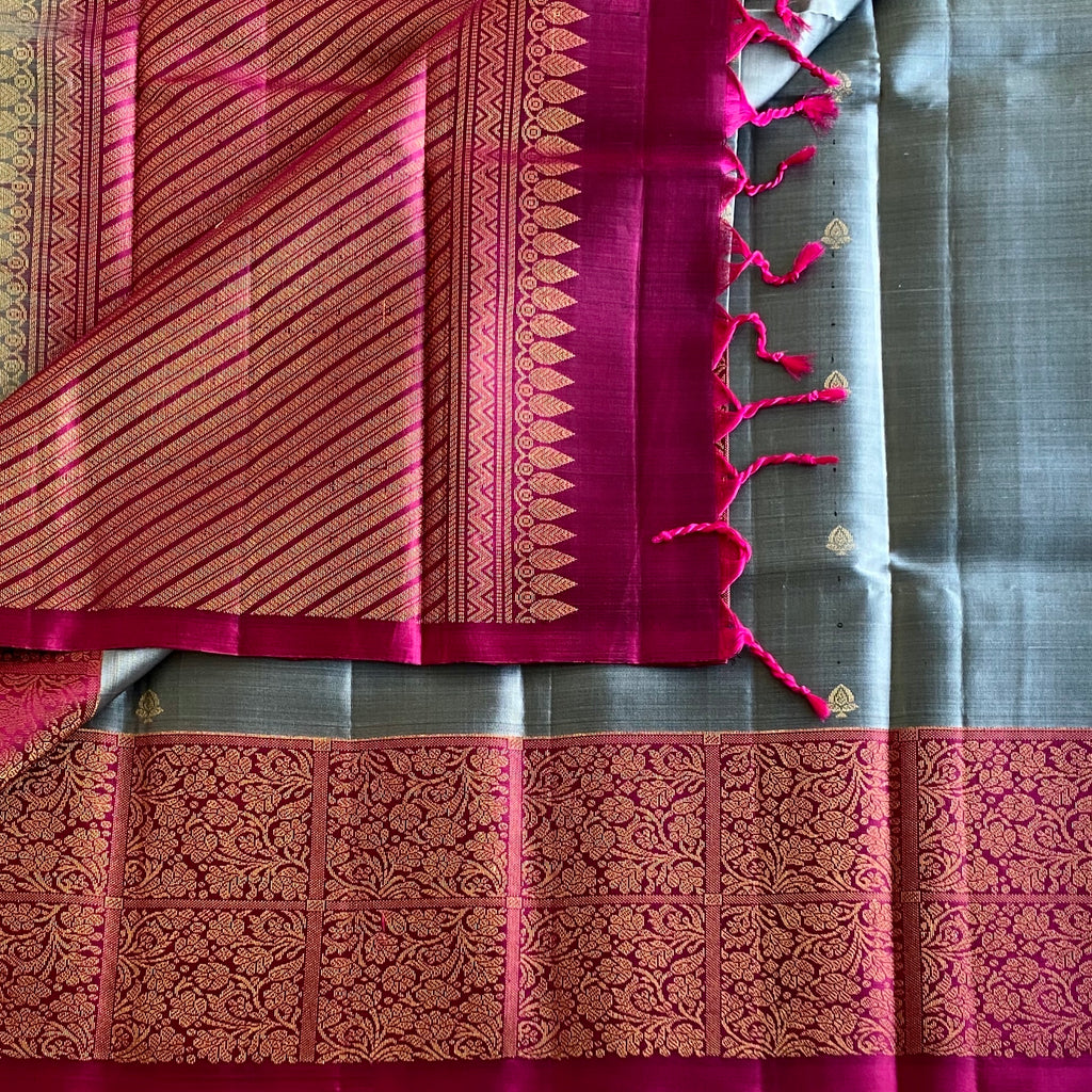 Silver Grey Designer Pure Silk Saree With Rani Pink Pallu