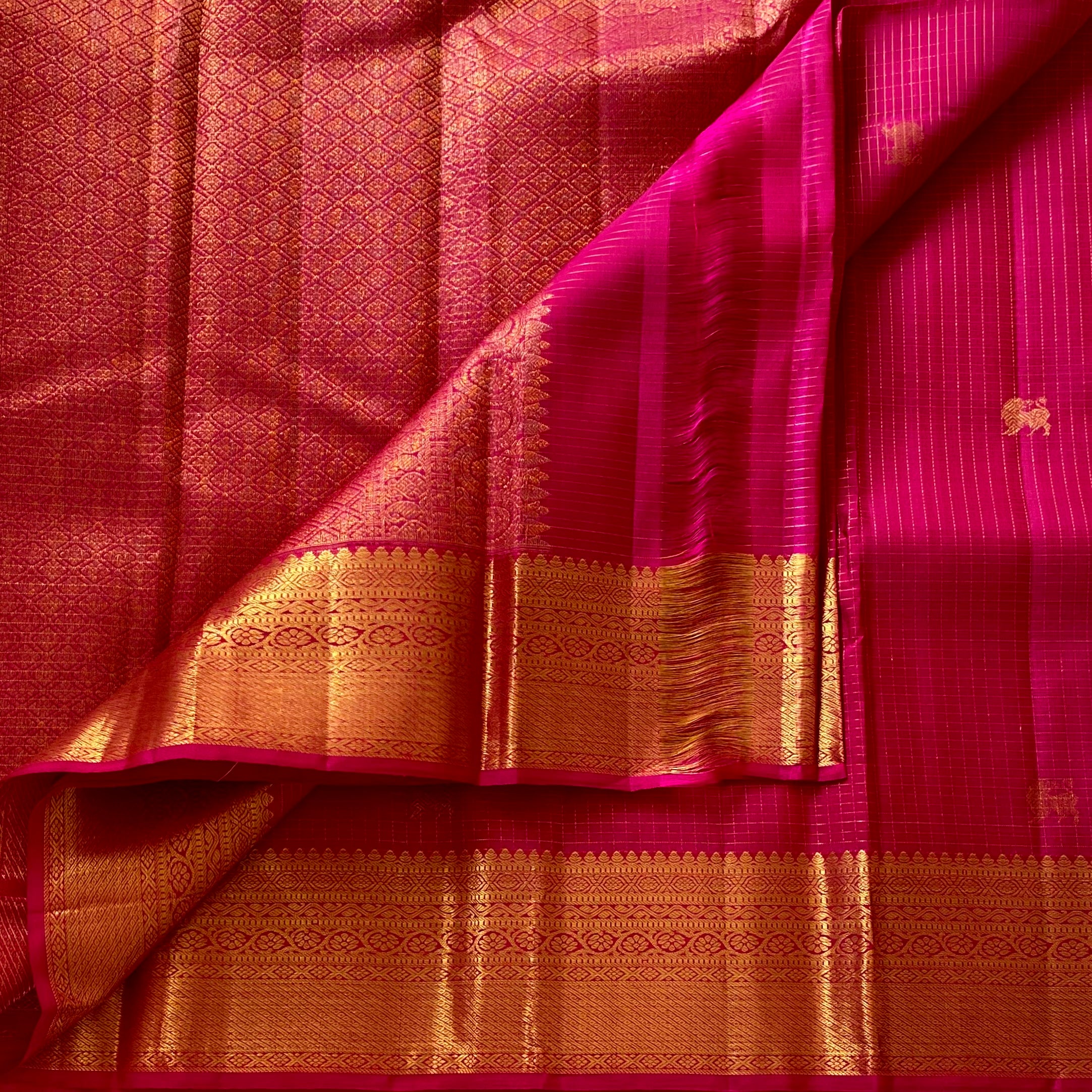 Rani Pink Luxurious Kanjeevaram Pure Zari Silk With Temple Gold Border