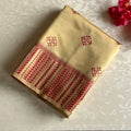 Cream Beige Saree Crimson Chevron Pallu Gold Zari Border Tassel