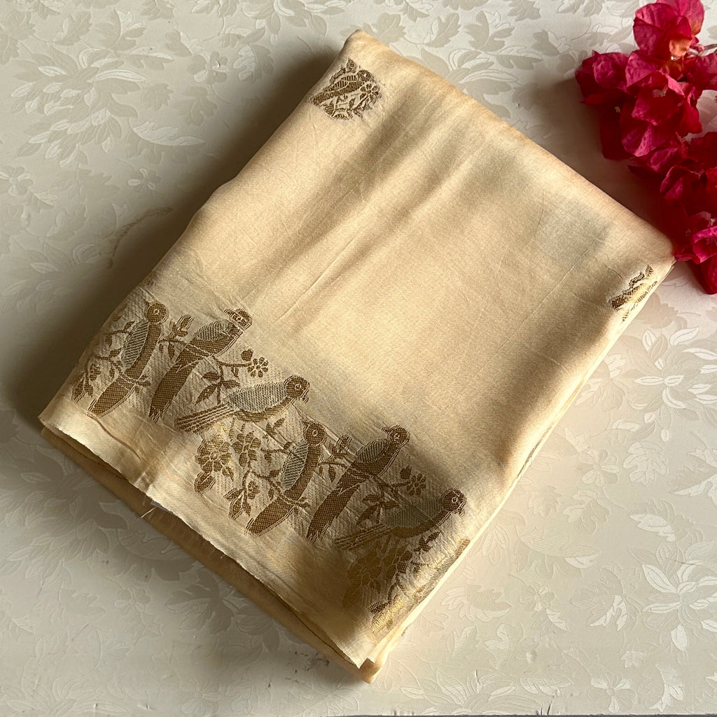 Cream Silk Saree Gold Parrot Border Floral Buta Striped Pallu