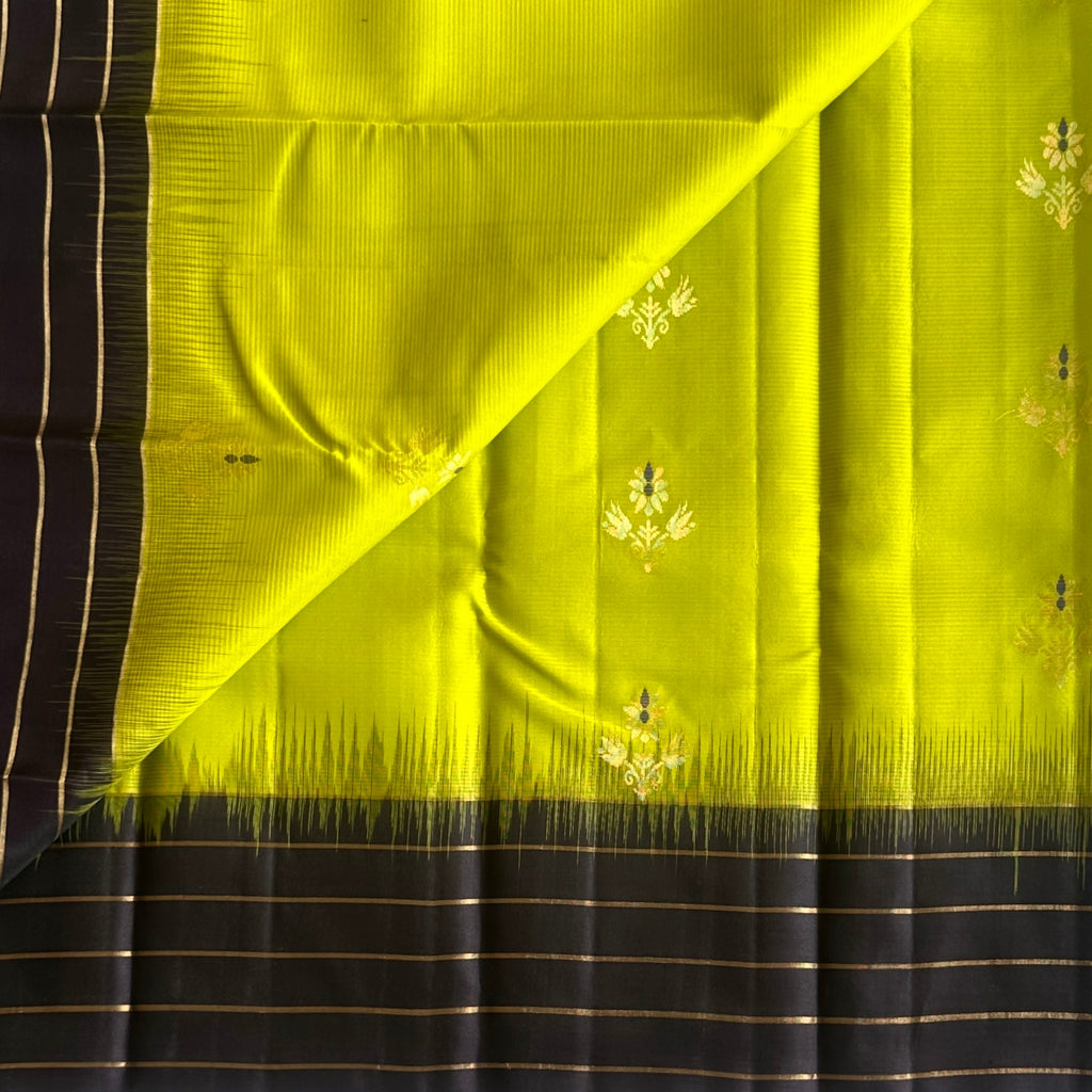Chartreuse Navy Zari Saree Woven Chevron Motif Festive Traditional Silk