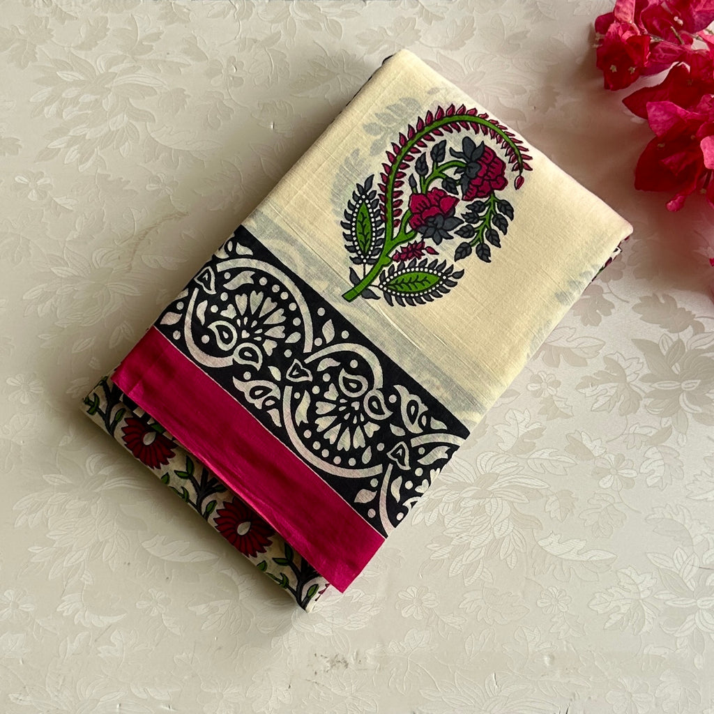 Ivory Magenta Paisley Floral Cotton Saree With Black Printed Border