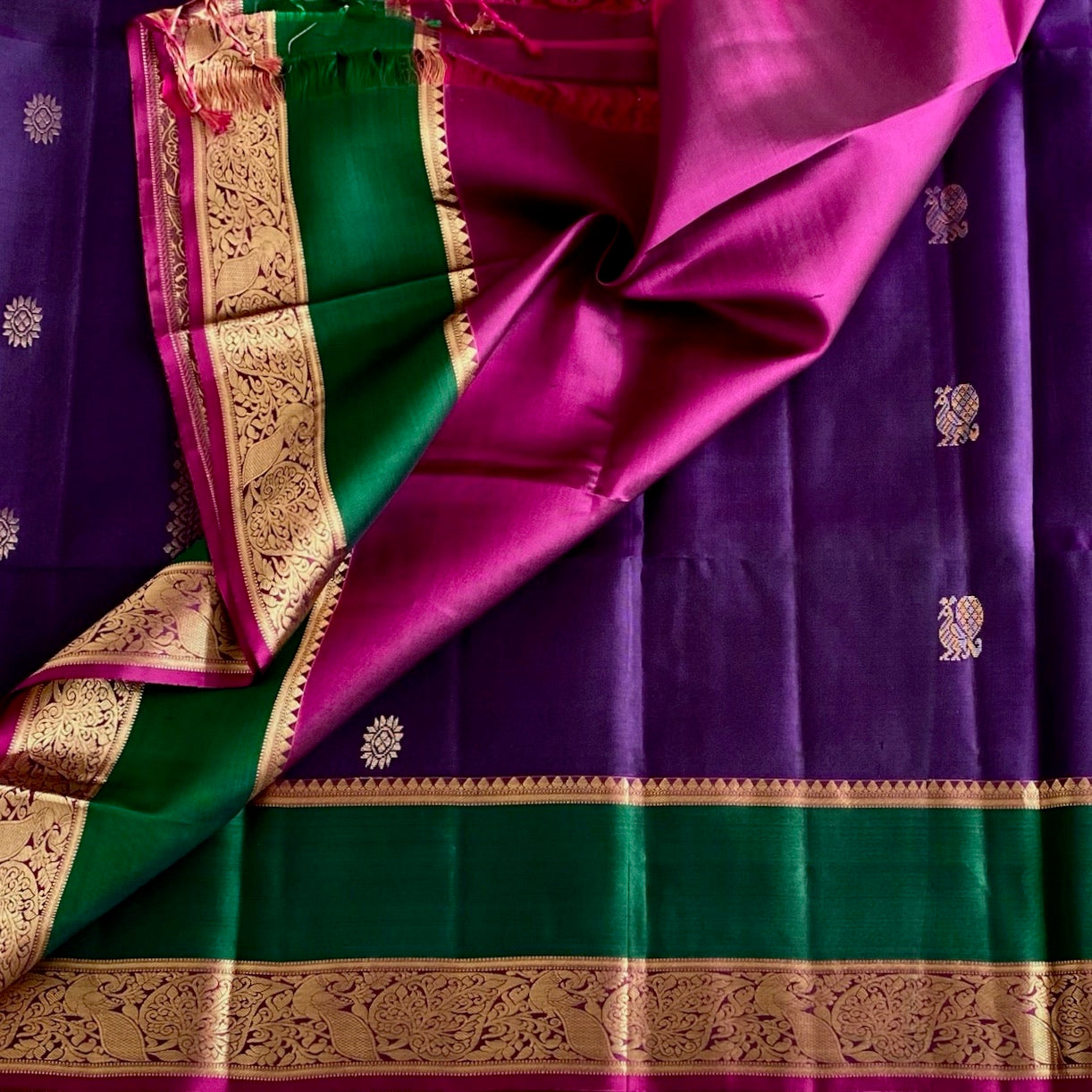 Royal Purple Designer Pure Silk Saree With Fuchsia Pink Pallu
