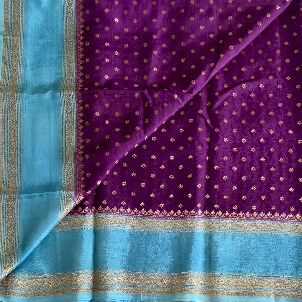 Royal Purple Sky Blue Banarasi Crepe Silk Saree With Brocade Pallu