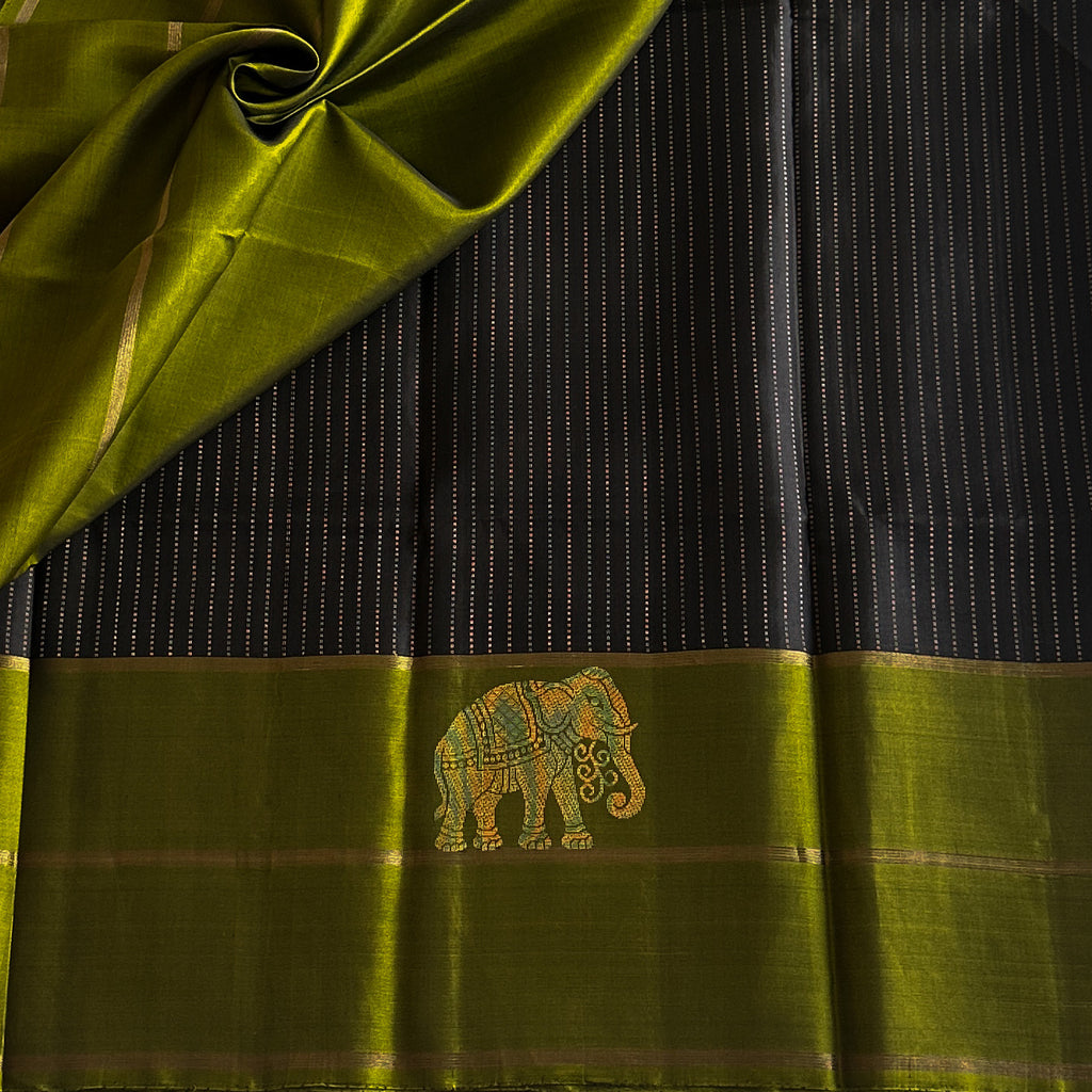 Charcoal Grey Silk Saree Chartreuse Green Pallu Gold Motifs Traditional