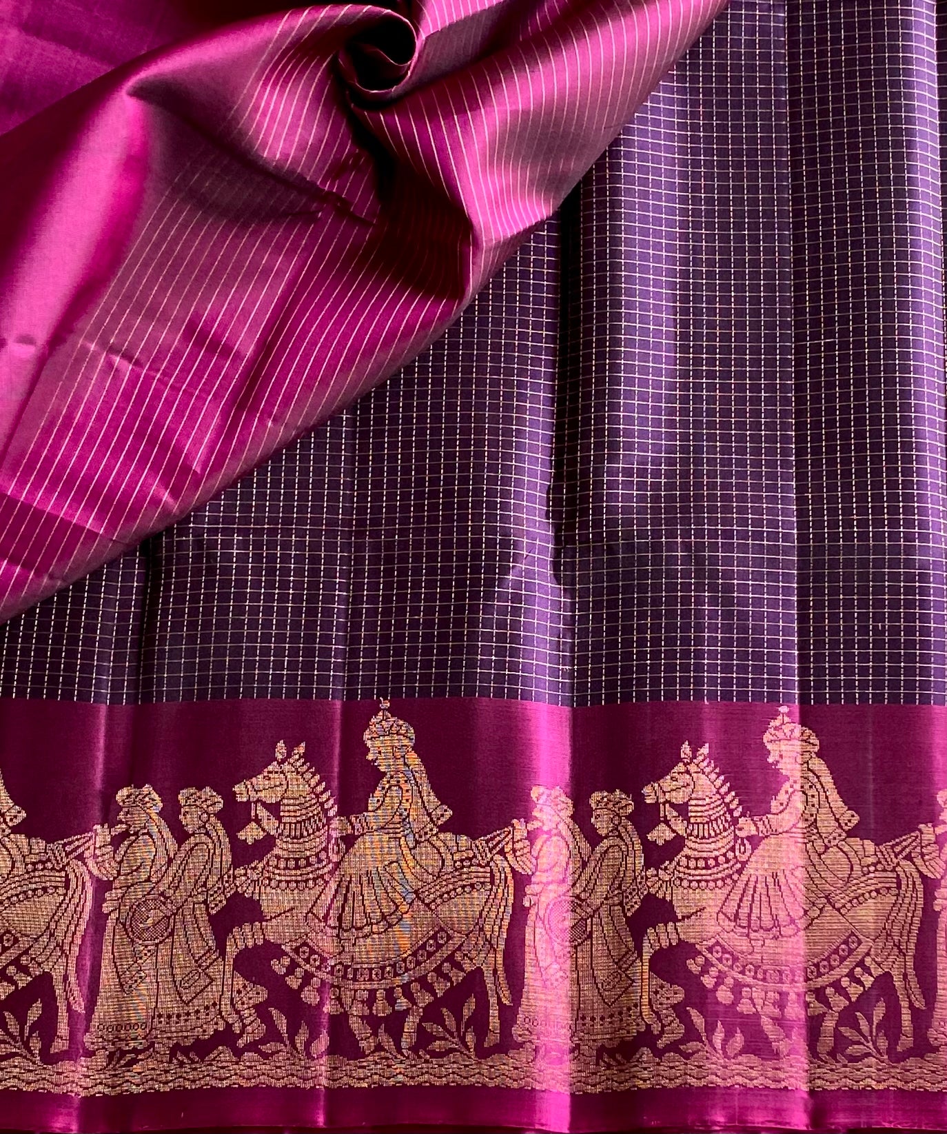 Magenta Silk Saree with Gold Jacquard Narrative Border and Checks