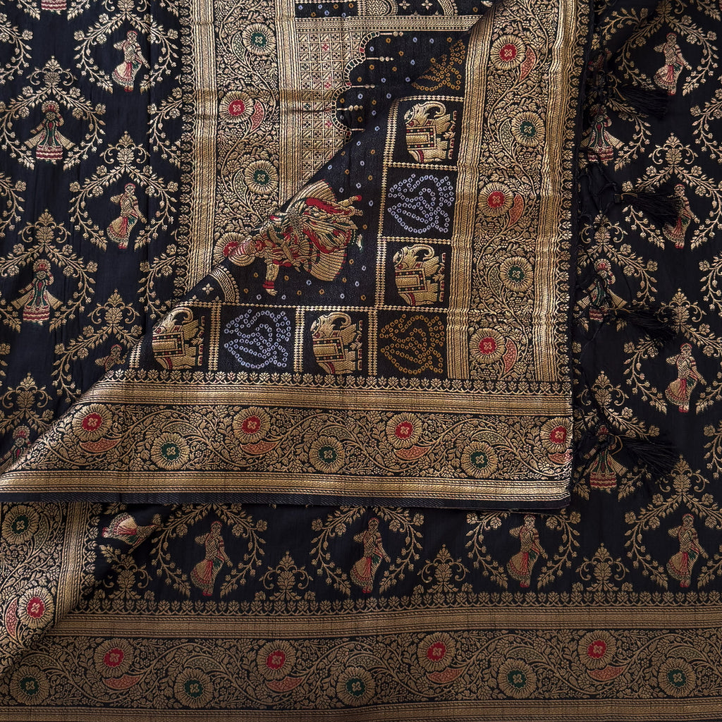 Black Silk Brocade Saree Antique Gold Zari Woven Border Pallu