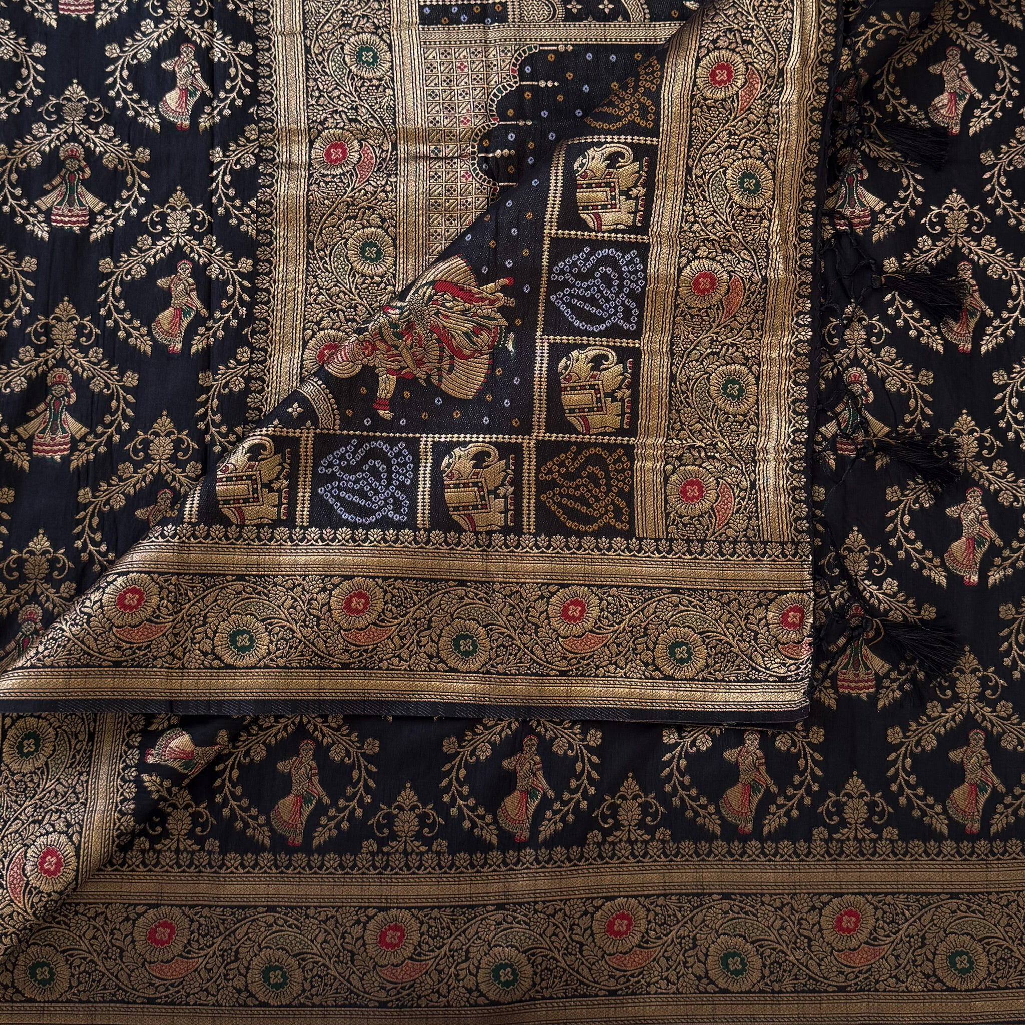 Black Silk Brocade Saree Antique Gold Zari Woven Border Pallu