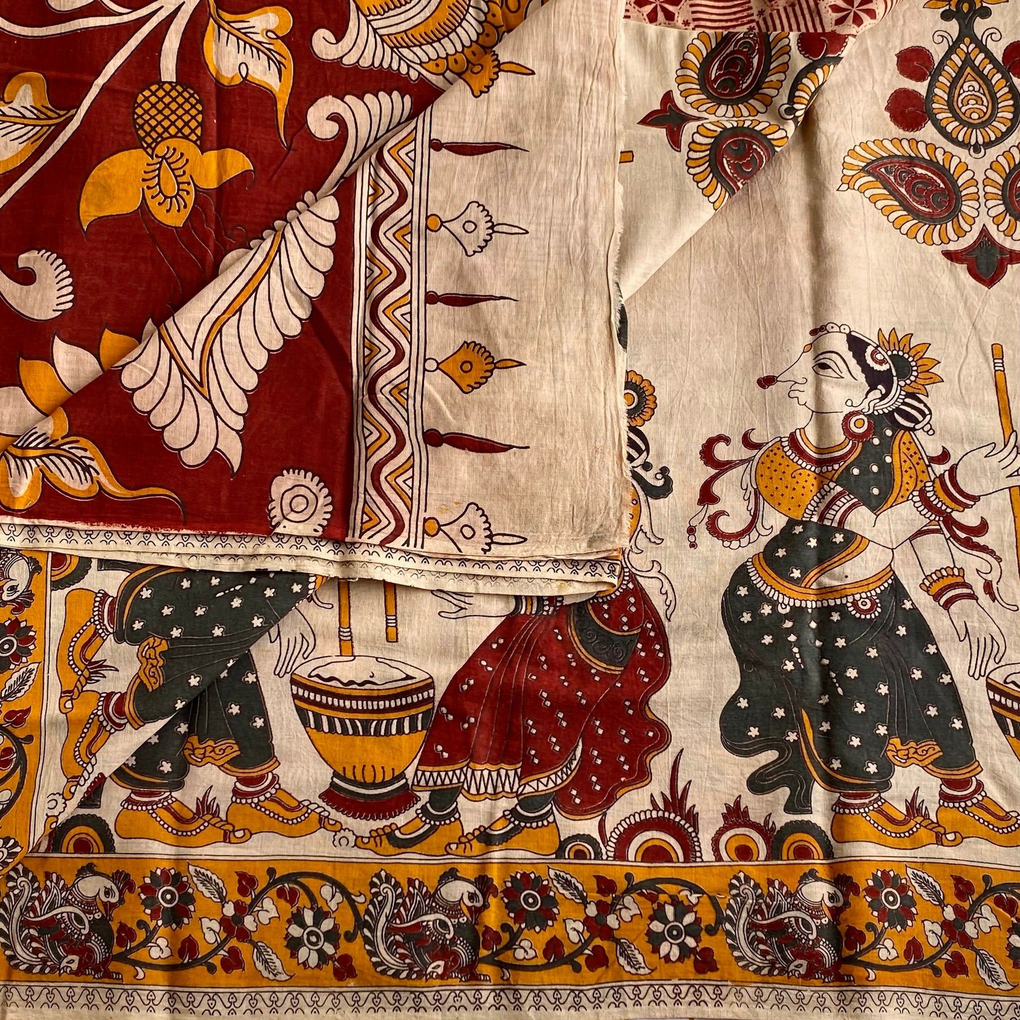 Natural Beige Soft Kalamkari Cotton Saree With Deep Maroon Designer Prints