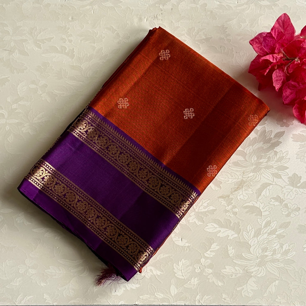 Purple Rust Orange Silk Saree Gold Zari Floral Pallu Border