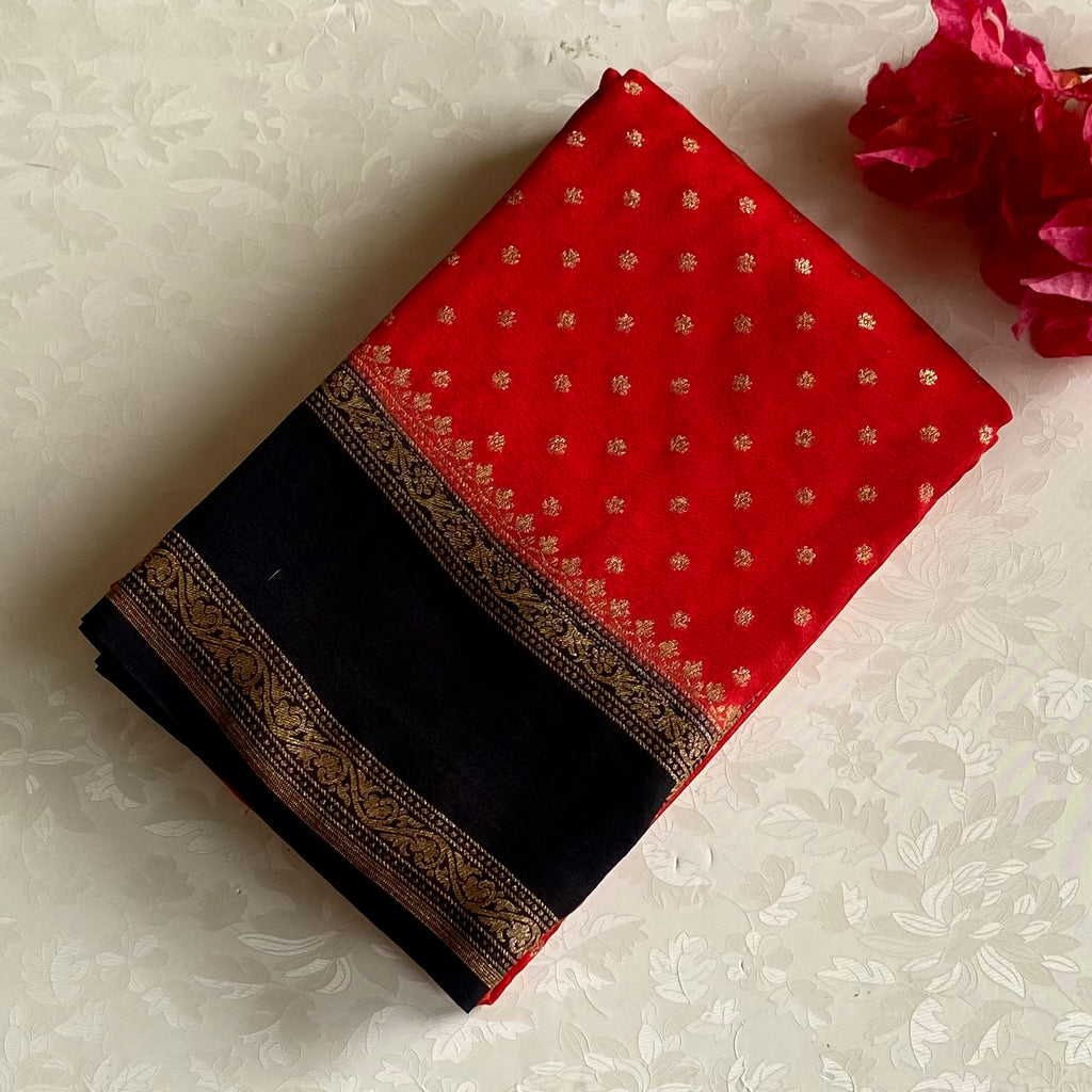 Crimson Red Banarasi Crepe Silk Saree With Jet Black Pallu