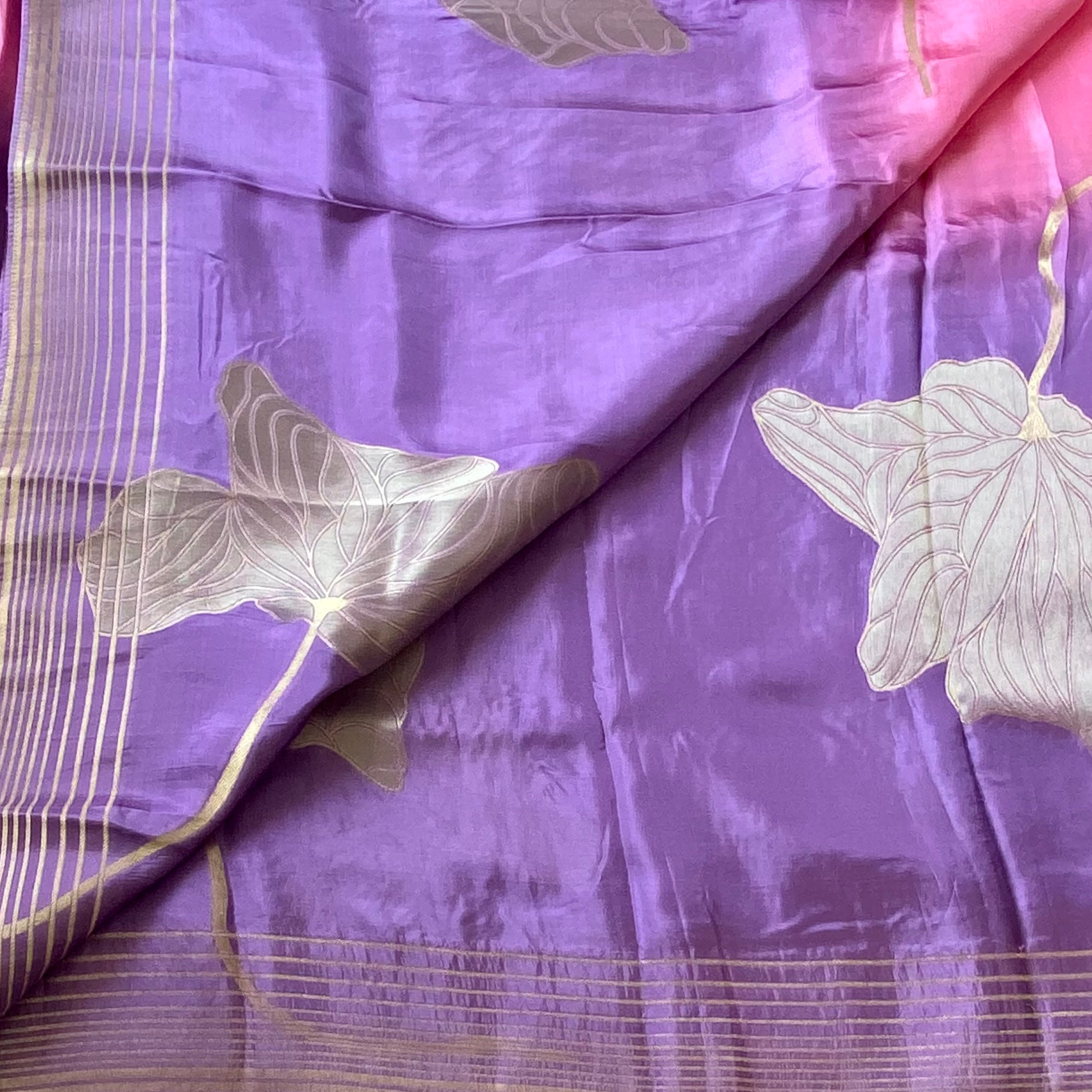 Soft pink with lavender Ombre Silk satin crepe With Gold Brocade Border
