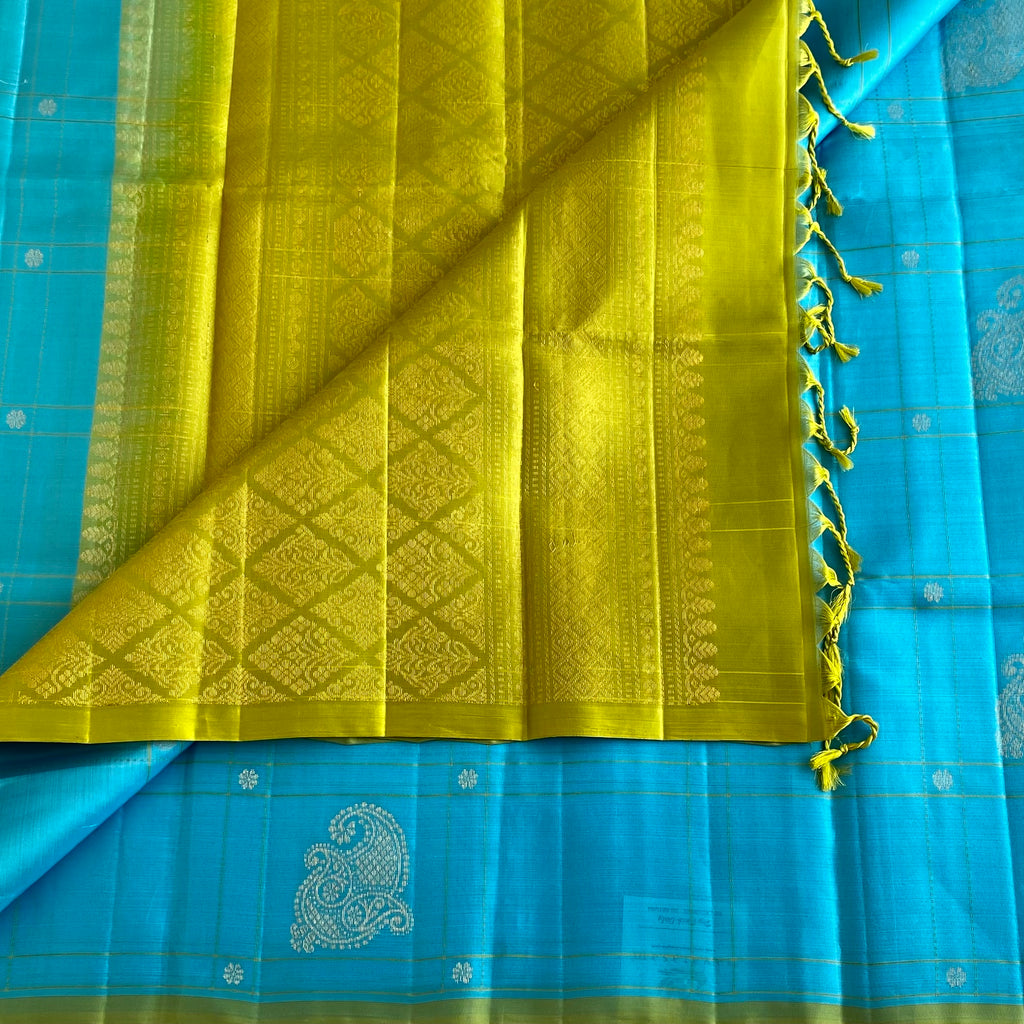 Turquoise Blue Designer Pure Silk Saree With Lime Green Pallu