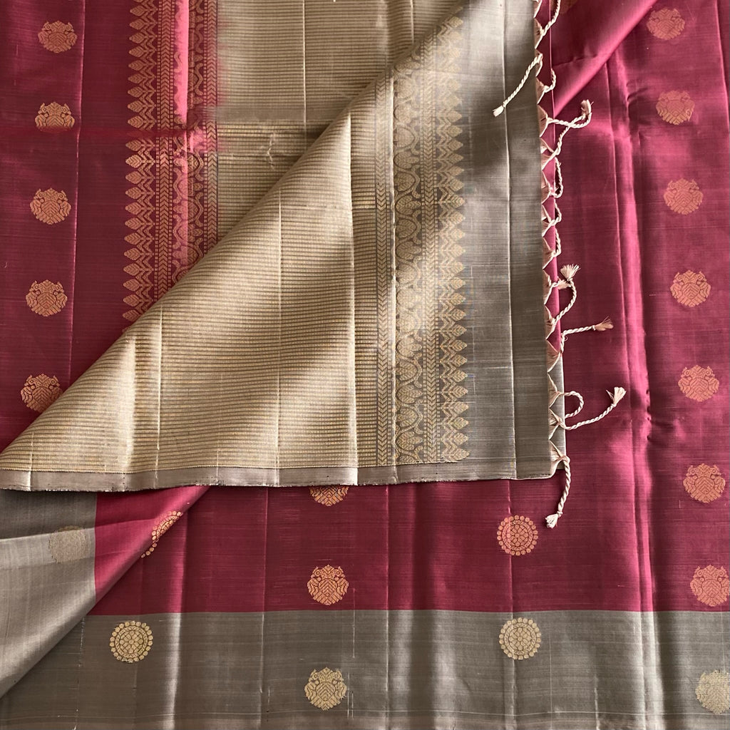 Antique Ruby Red Designer Pure Silk Saree With Ice Grey Pallu