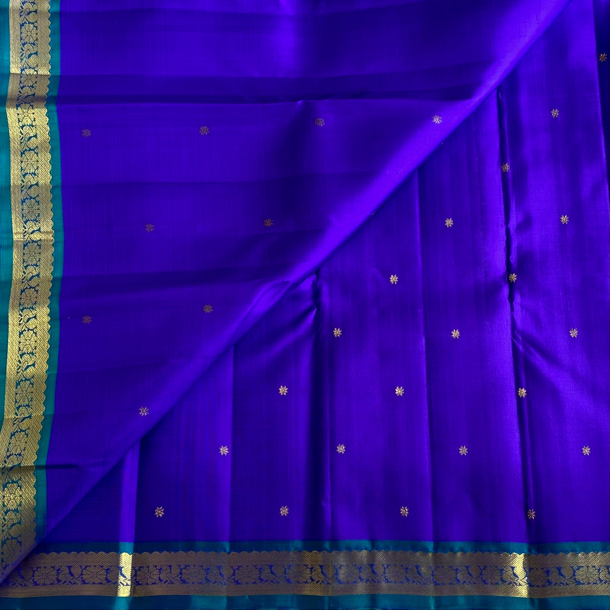 Royal Bluish Purple Kanjeevaram Pure Zari Silk Saree With Turquoise Pallu