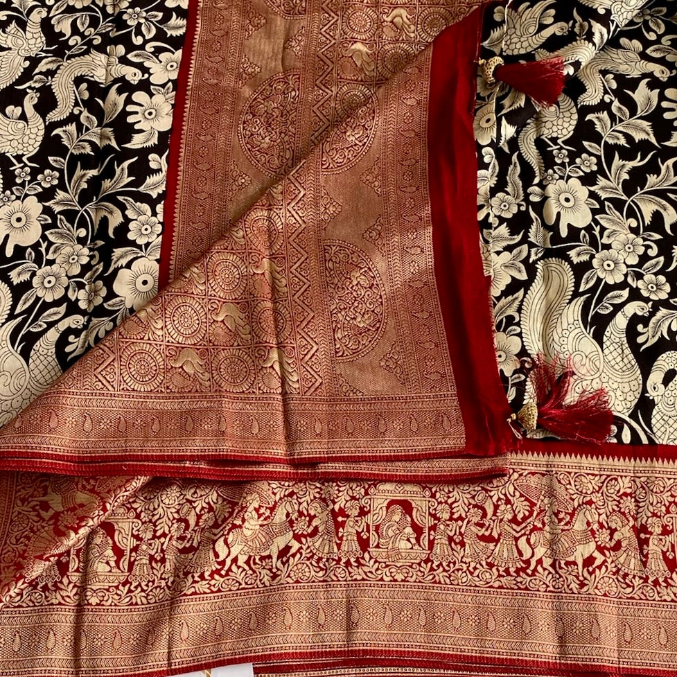 Jet Black Soft Tussar Silk Saree With Crimson Red Pallu