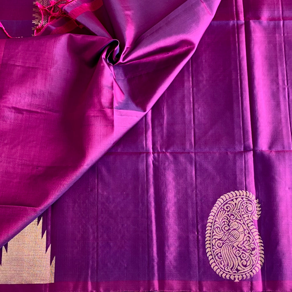 Rich Dual Shaded Magenta Designer Pure Silk With temple & mango borders
