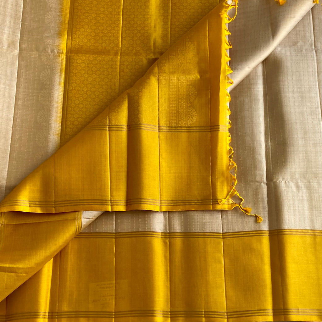 Designer Pure Silk Champagne Beige & Mustard Yellow Saree