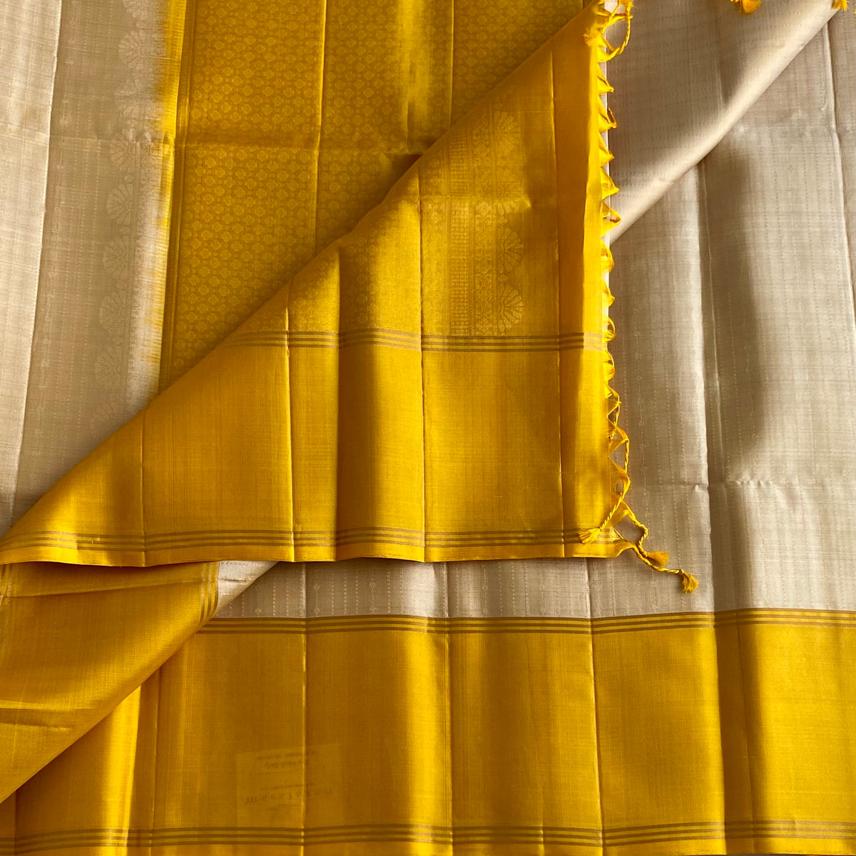 Designer Pure Silk Champagne Beige & Mustard Yellow Saree