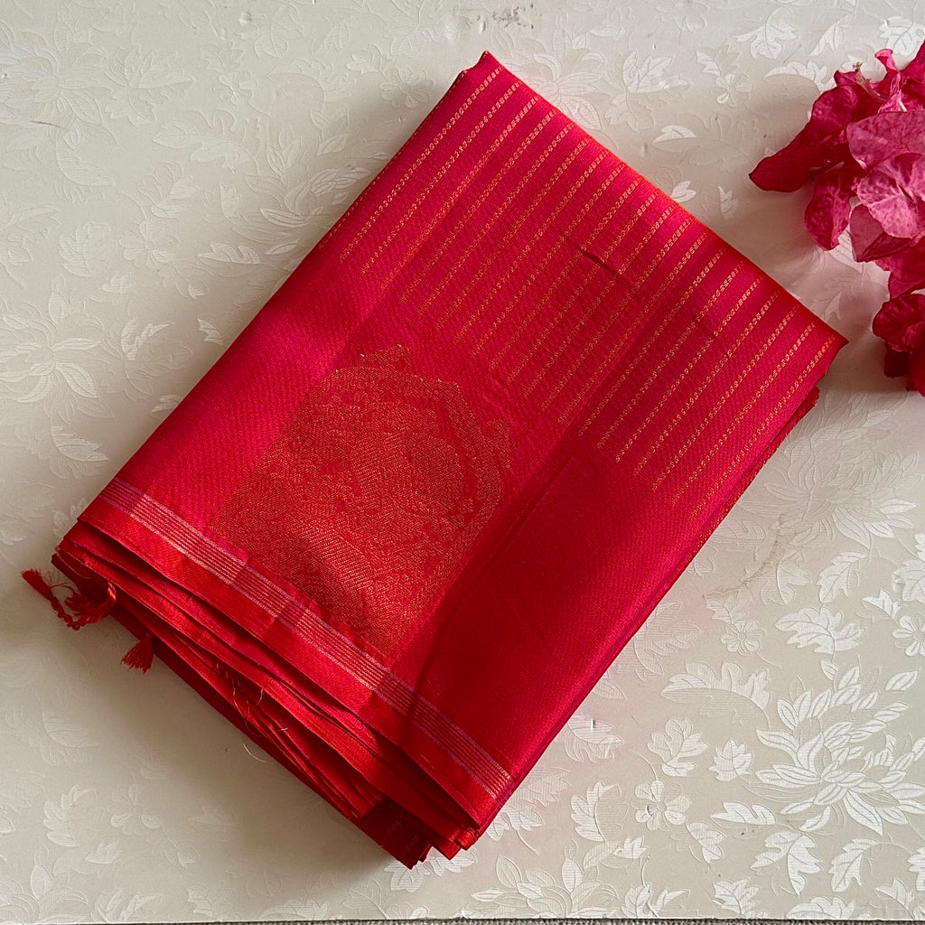 Dual shaded Kanakambari Pink Silk Saree with Gold Zari Temple Motifs and Tassels