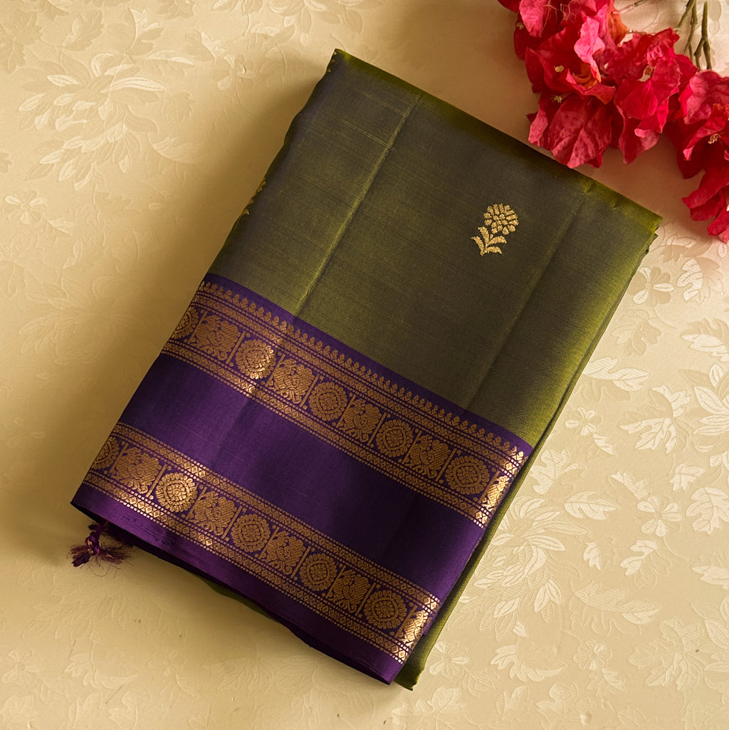 Royal Purple Olive Green Kanchipuram Silk Saree Gold Zari Border