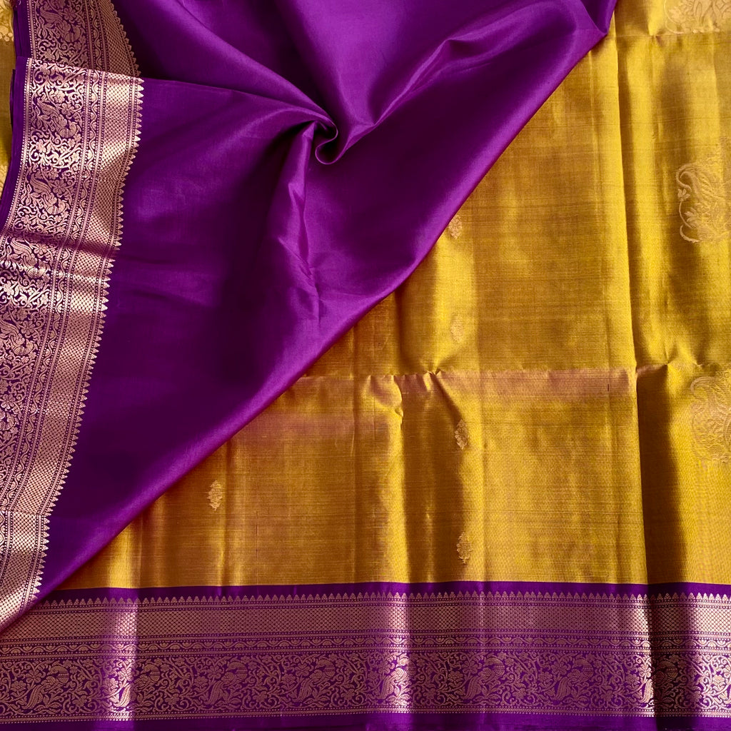 Mustard Gold Designer Pure Silk Saree With Royal Purple Pallu