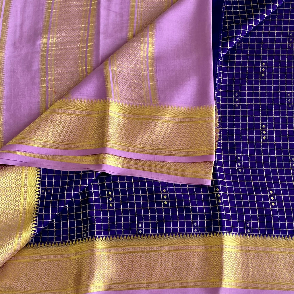 Lavender Mysore Crepe Silk Saree With Royal Blue Pallu
