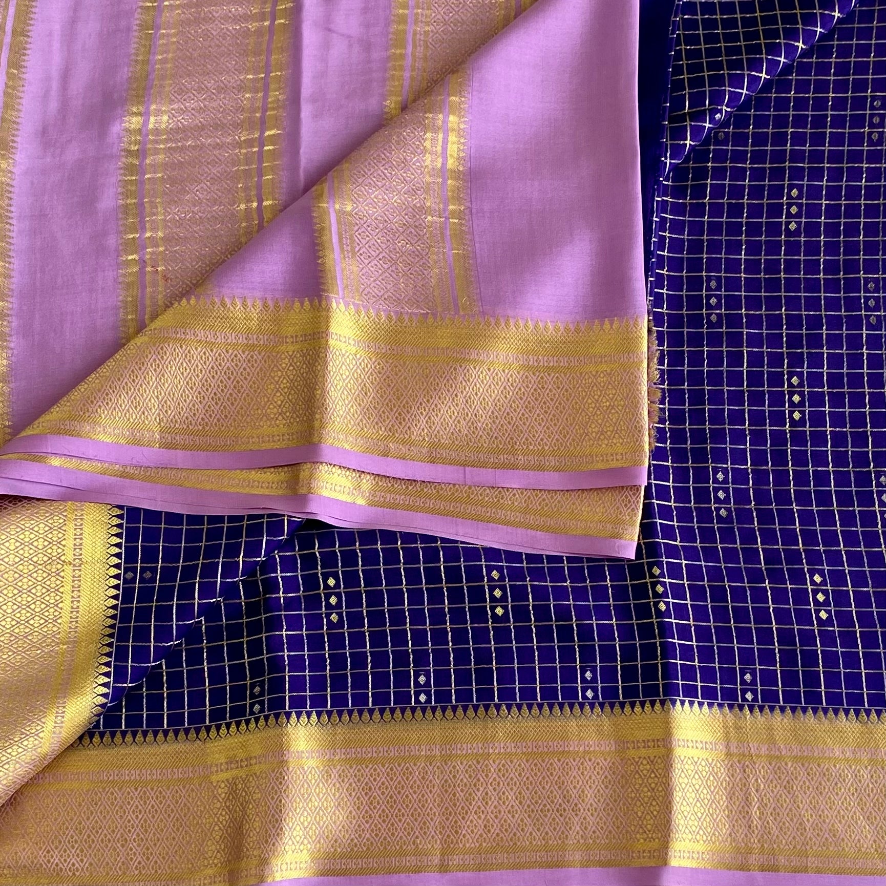 Lavender Mysore Crepe Silk Saree With Royal Blue Pallu