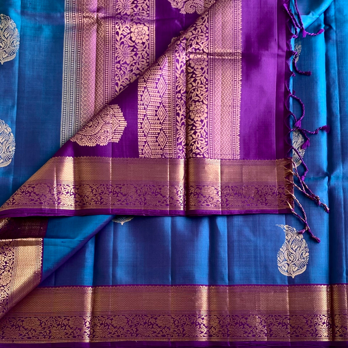 Festive Dual Shaded Blue Designer Pure Silk Saree With Royal Purple Pallu