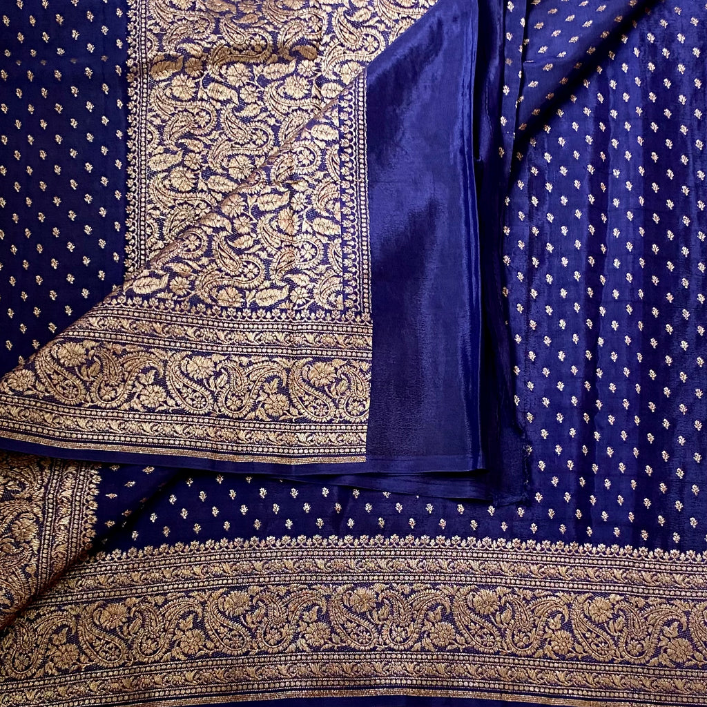 Royal Blue Brocade Silk Saree Antique Gold Zari Paisley Border