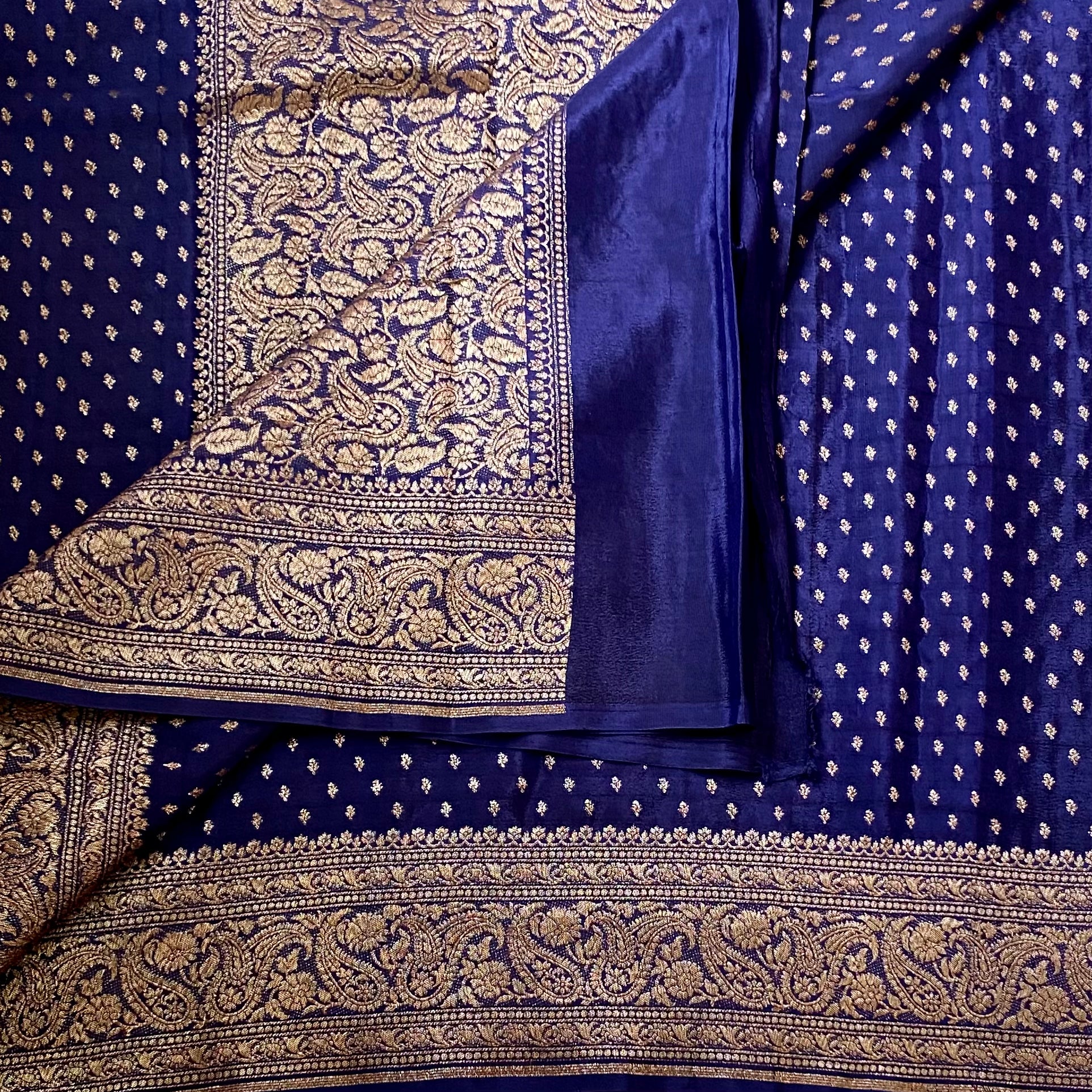 Royal Blue Brocade Silk Saree Antique Gold Zari Paisley Border
