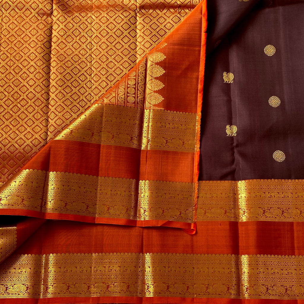 Burnt Orange Brocade Diamond Saree With Aubergine Pallu Gold Zari