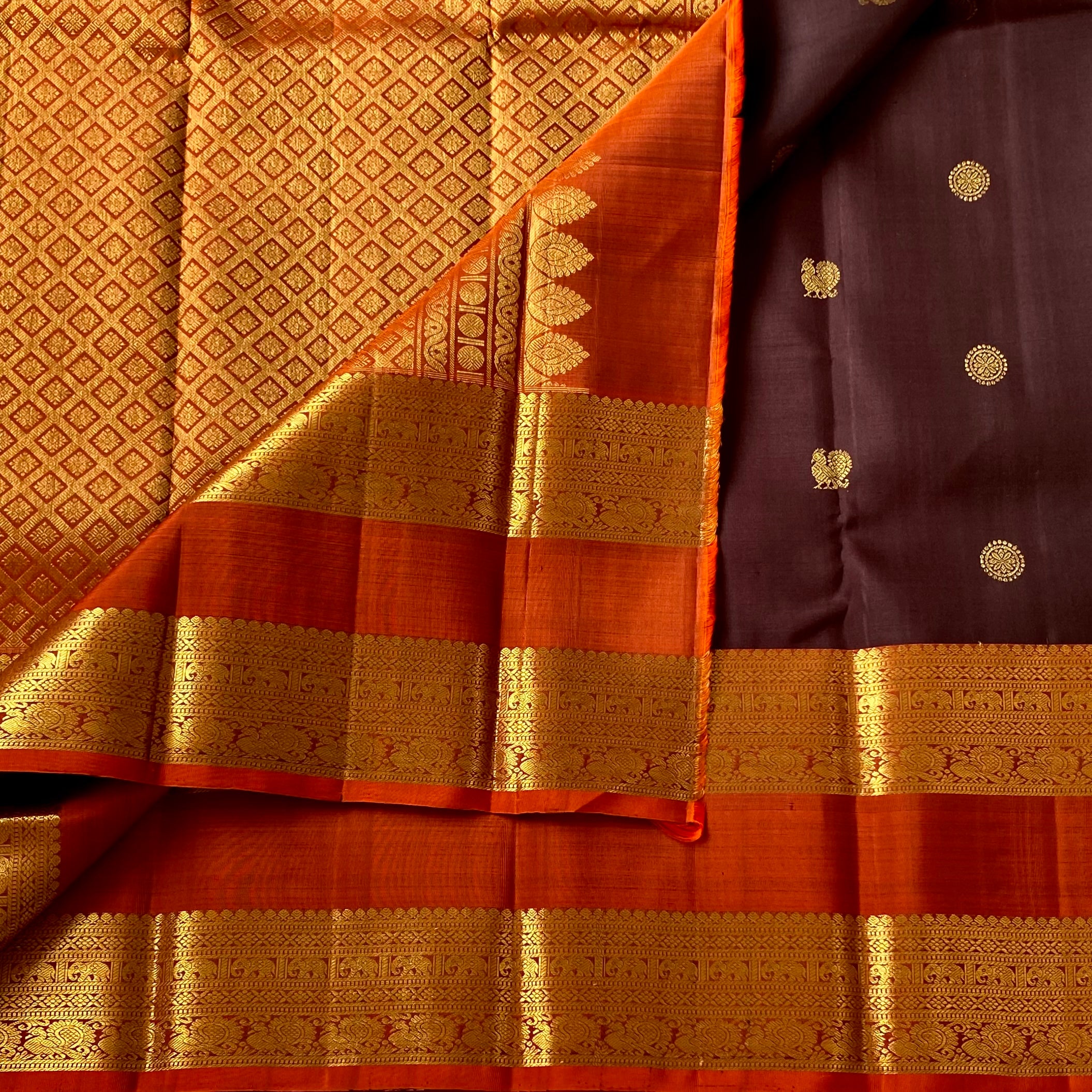 Burnt Orange Brocade Diamond Saree With Aubergine Pallu Gold Zari