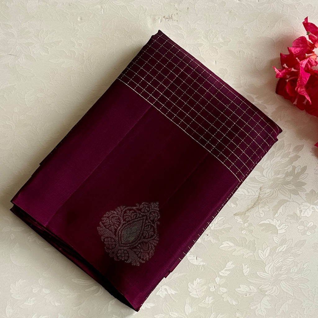 Burgundy Designer Pure Silk Checkered With Antique silver Motifs