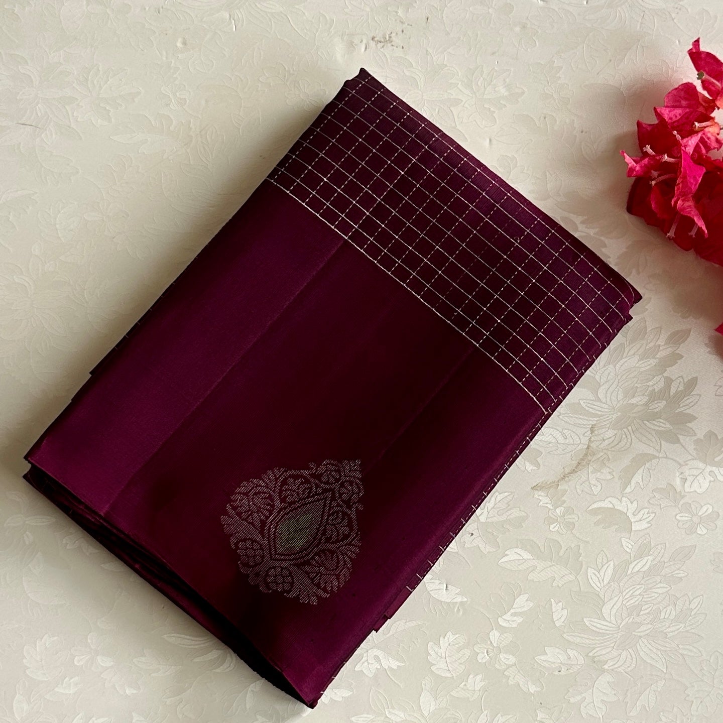 Burgundy Designer Pure Silk Checkered With Antique silver Motifs
