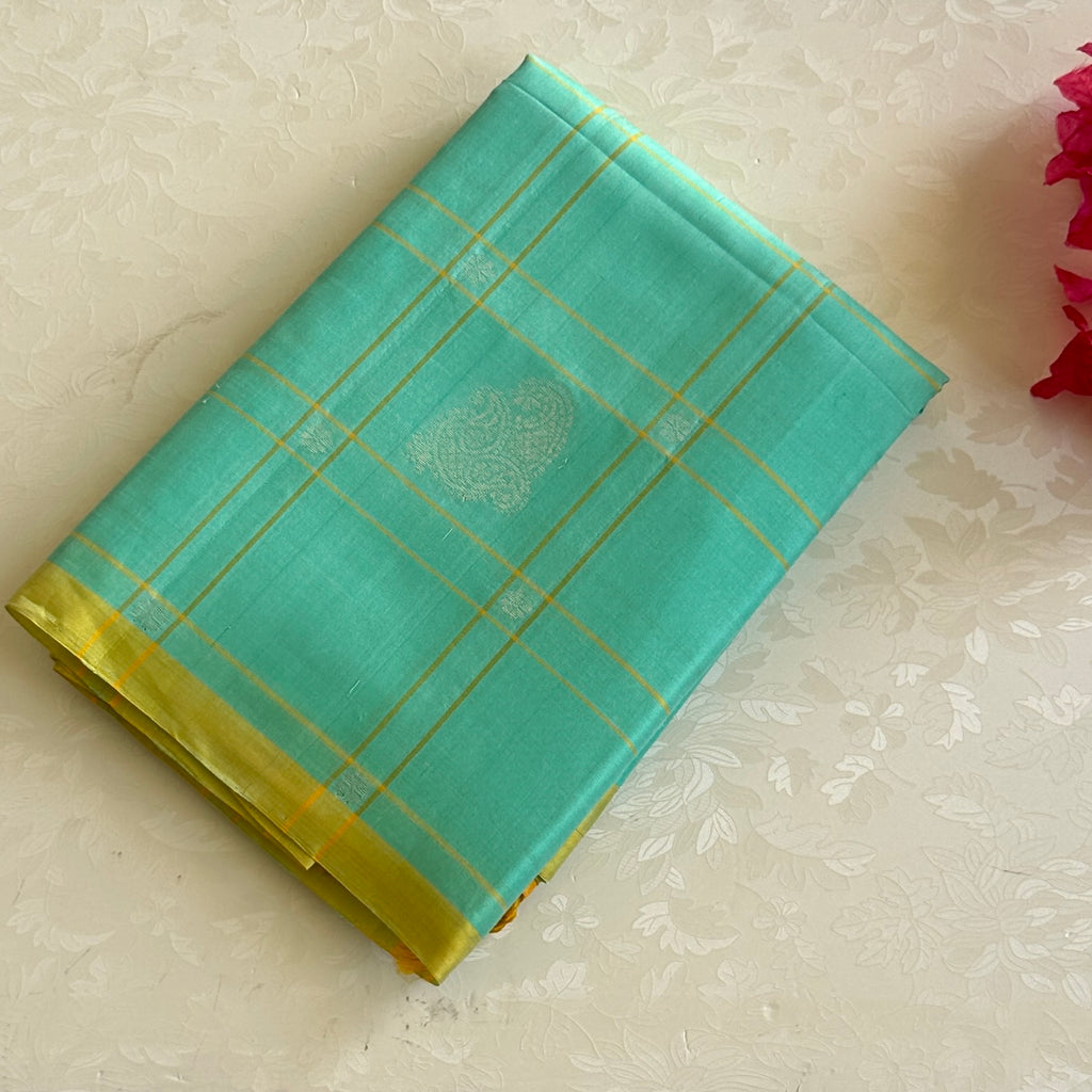 Classy Sea blue with mango yellow checkered designer pure silk
