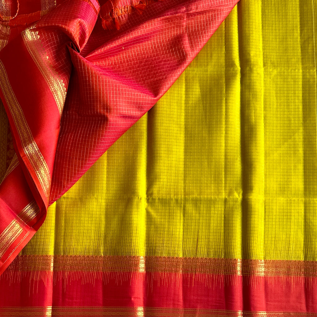 Deep Magenta And Chartreuse Silk Saree With Gold Zari Border