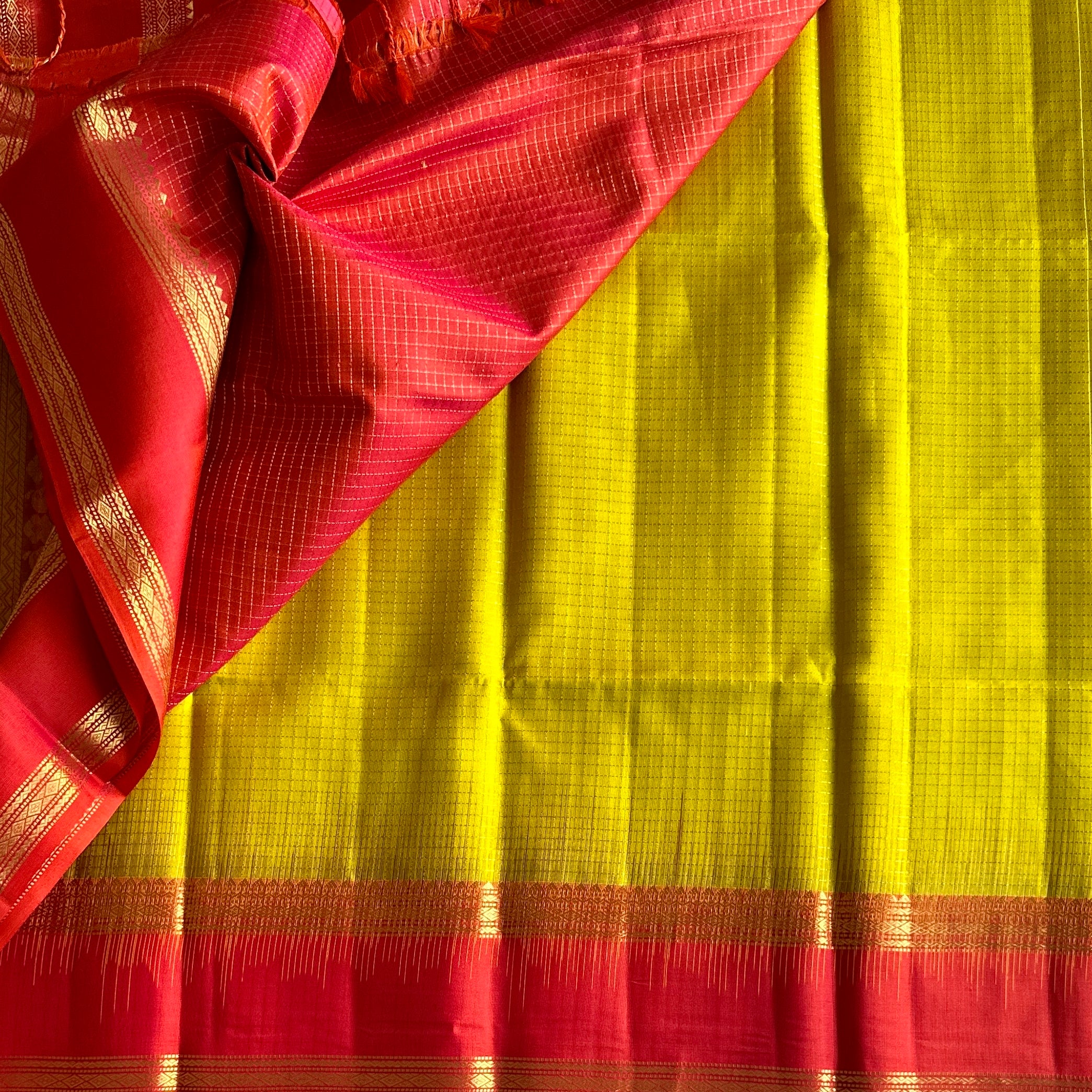 Deep Magenta And Chartreuse Silk Saree With Gold Zari Border