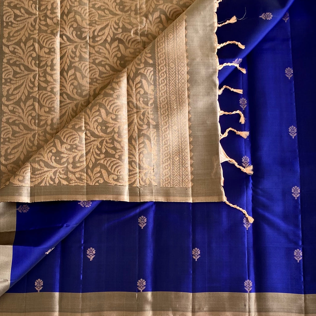 Royal Blue Designer Pure Silk Saree With Antique Gold Pallu