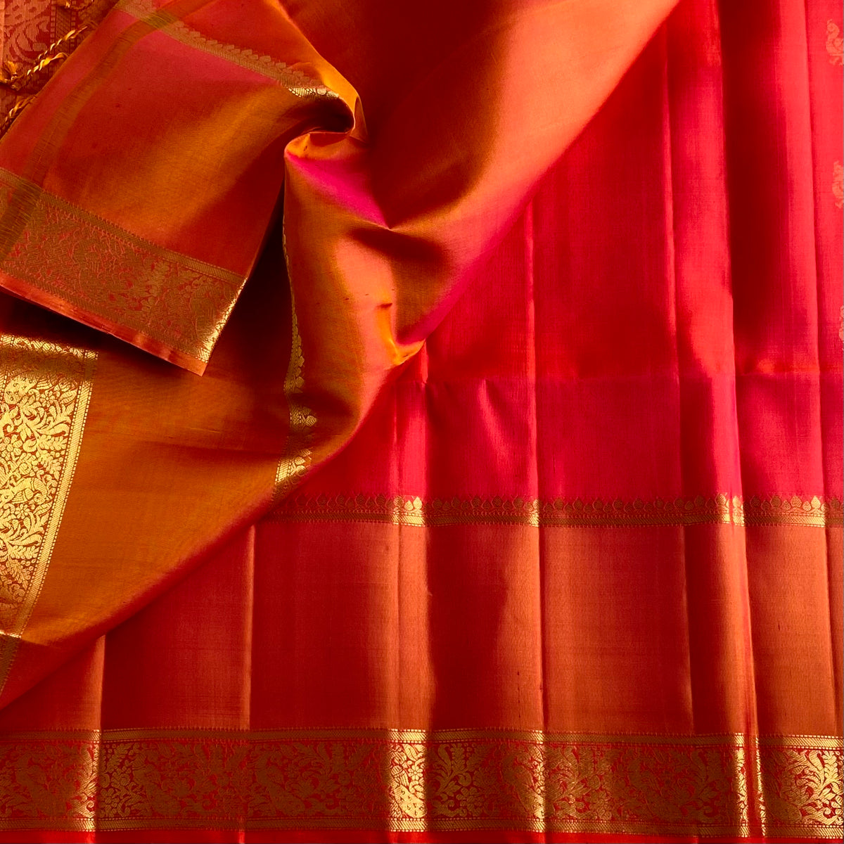Crimson Red With Copper Orange Designer Pure Silk With Zari Woven Pallu