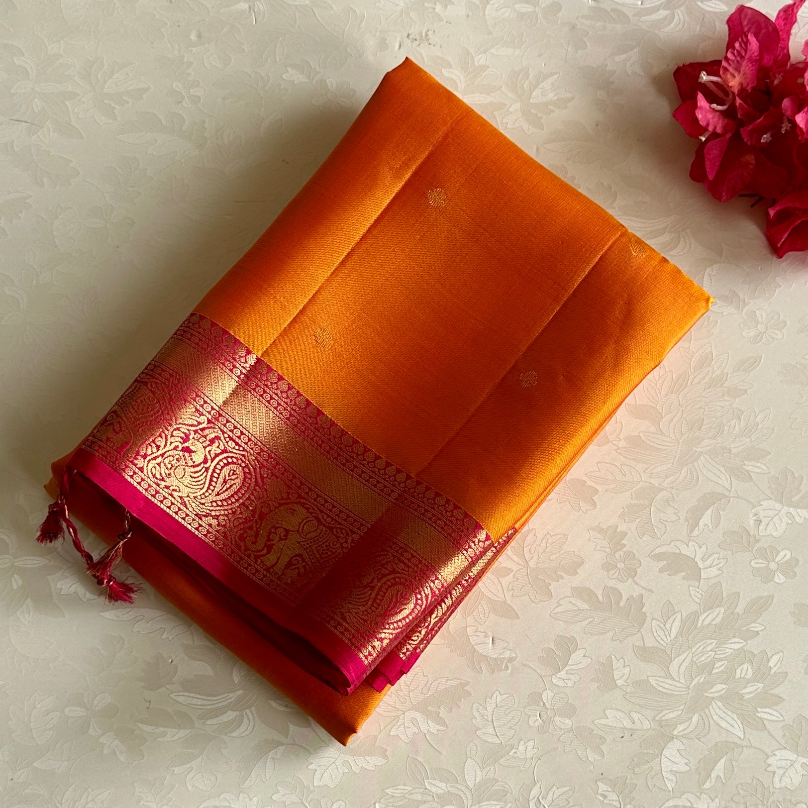 Sunset Orange Designer Pure Silk  With Cherry Pink Pallu