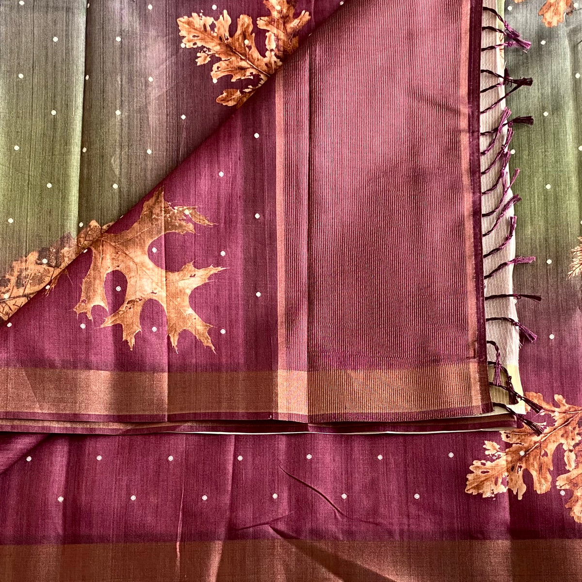 Deep Wine n Olive Ombré Soft Tussar Saree With Designer Prints