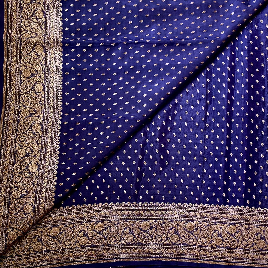 Royal Blue Brocade Silk Saree Antique Gold Zari Paisley Border