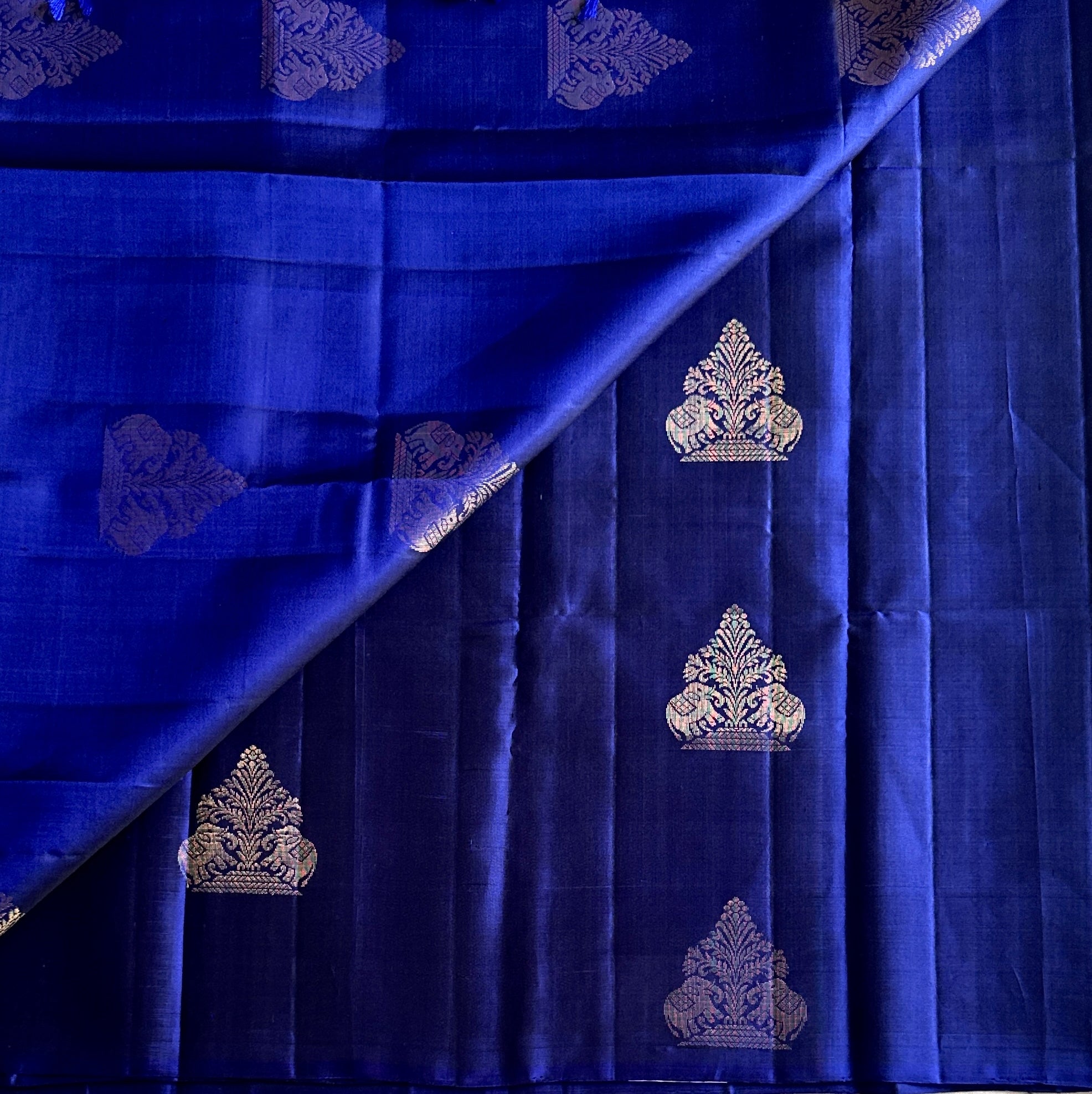 Cobalt Blue Saree Gold Woven Elephant Motif Traditional Festive Silk