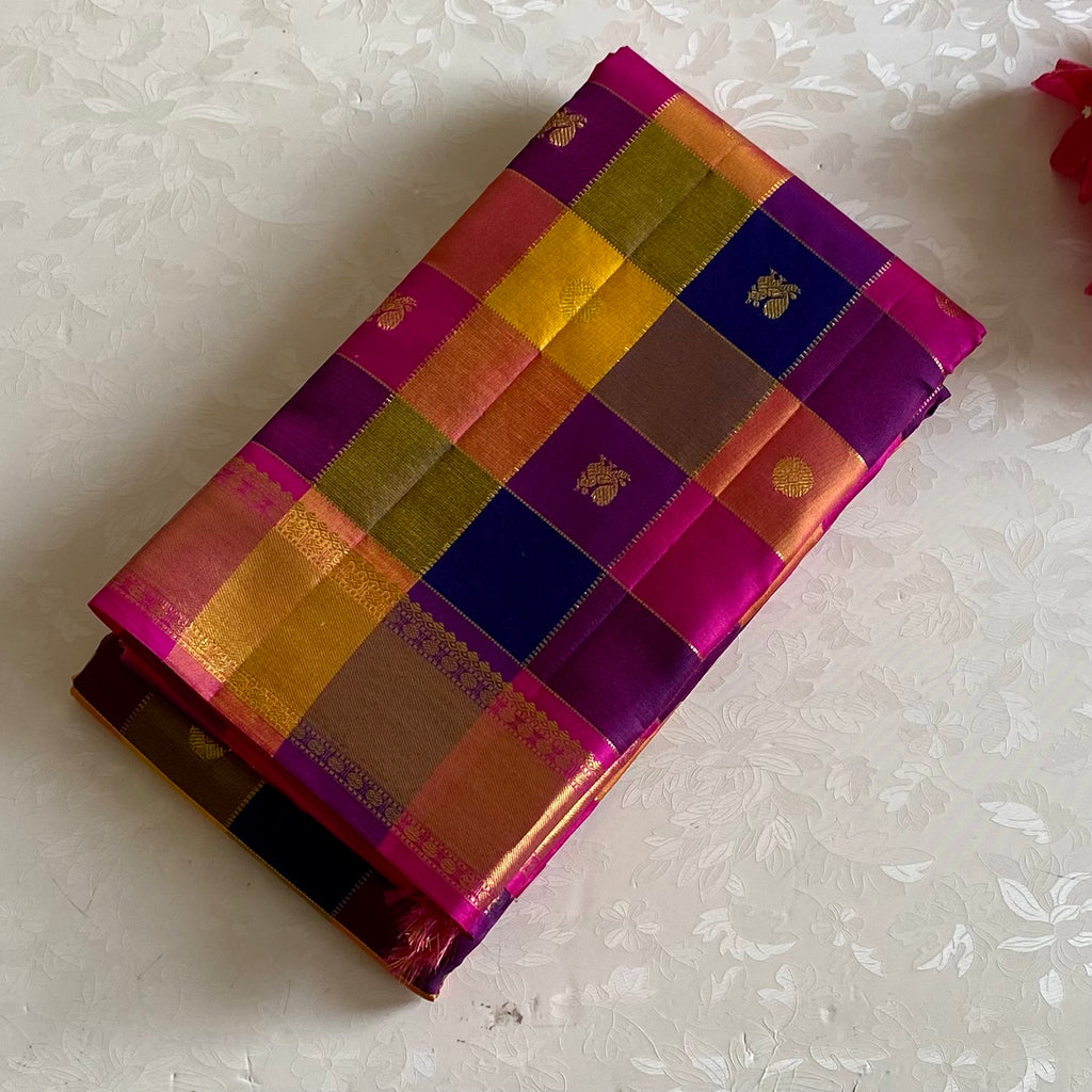 Kanjeevaram Pure Zari Multi Checkered Pink Blue Yellow Royalty
